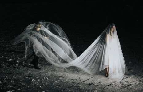 Photo 5 Une femme se tient debout, avec un long voile blanc, suivie du petit prince.