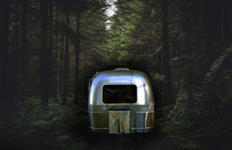 Photo 1 : Une caravane de couleur argentée garée dans la forêt